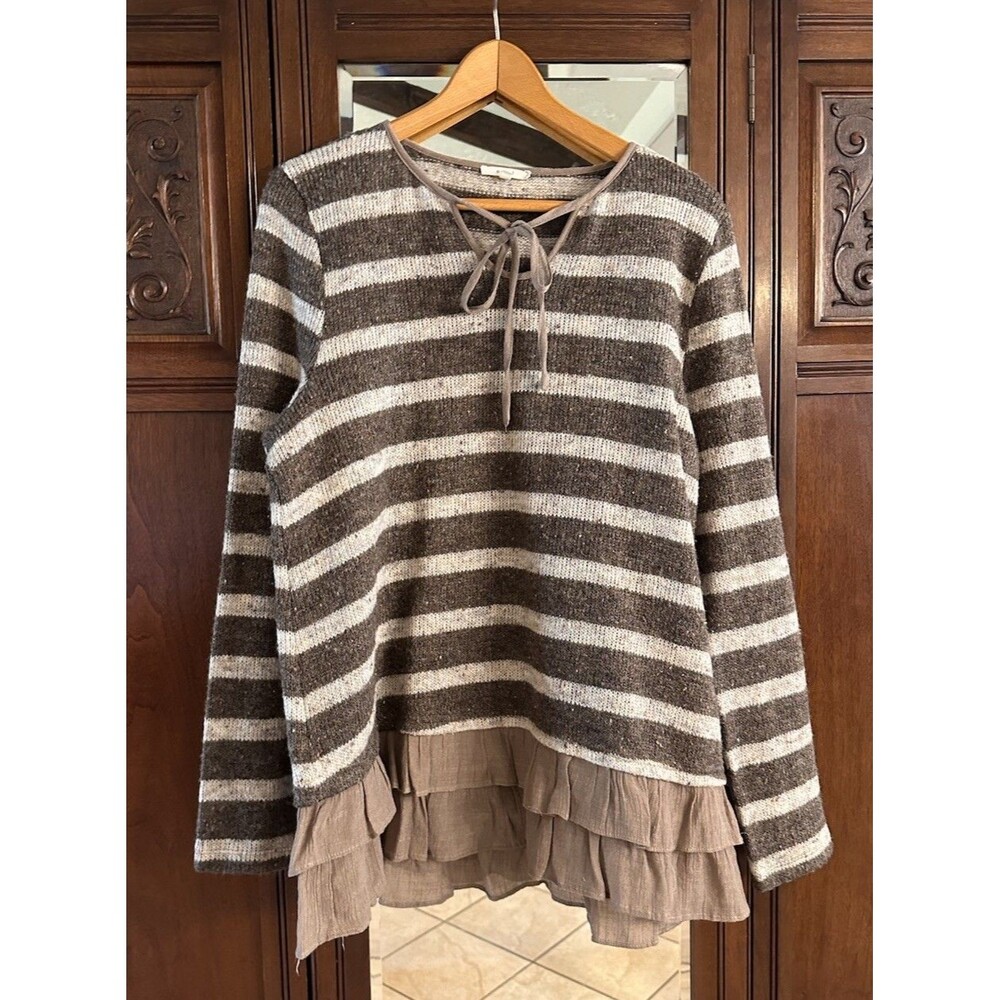 Easel Women's Striped Knit Sweater Ruffle Hem Tie Neck Long Sleeve M Brown